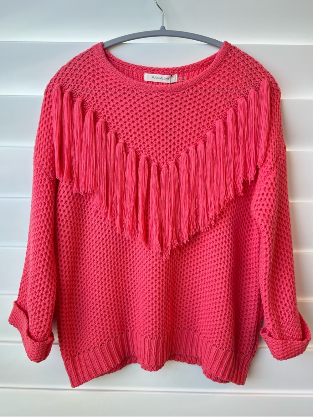 Mustard Seed Coral Pink Fringe Crewneck Sweater